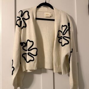 Maeve Anthropologie Cream Cardigan with Black Floral Design
